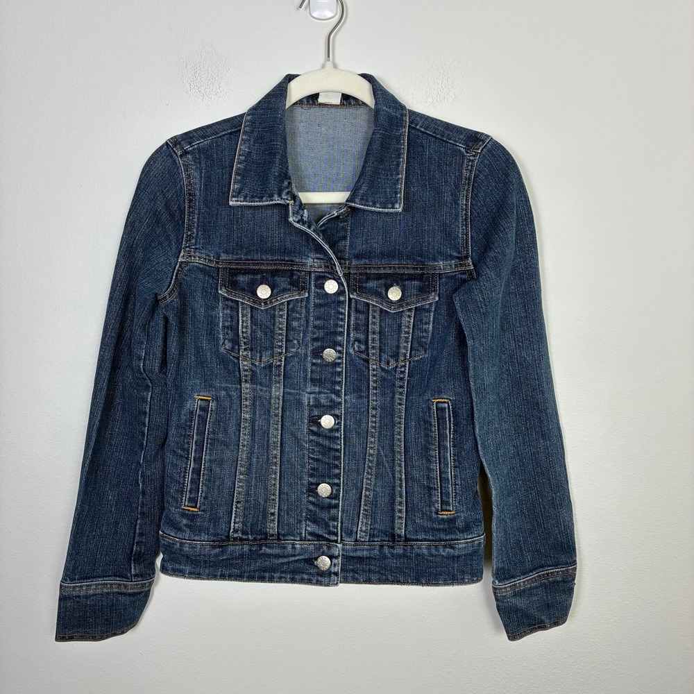 J.Crew Dark Wash Denim Trucker Jacket Women's XS Stretch Minimalist Y2K Retro